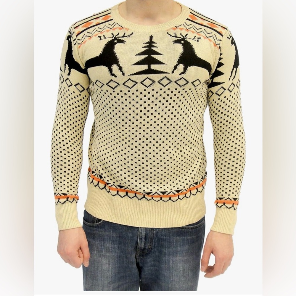 Adult Cream and Black Reindeer Christmas Holiday Sweater; Sz Large
